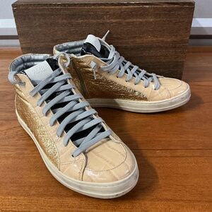 P448 Women Gold Metallic Croc Embossed Exotic Reptile High Top Sneakers Size 39